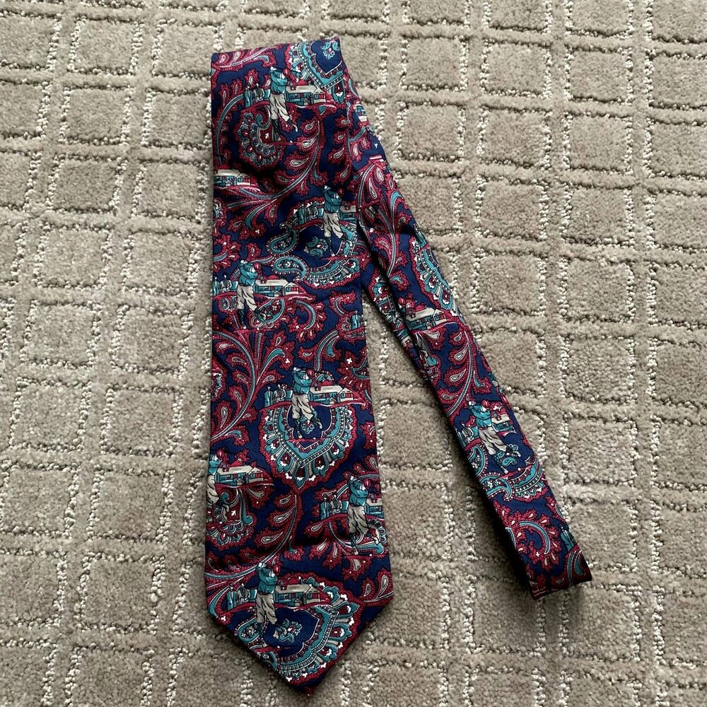 Christian Dior Monsieur Novelty Golf Men's Silk Tie Red Navy Teal Paisley Golfer